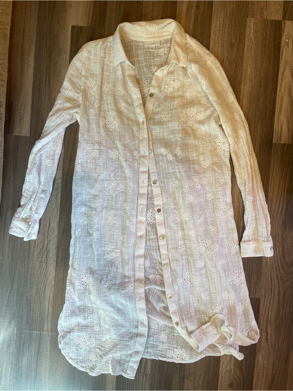 White Eyelet Sheer Long Button-Down/Cover-Up Shirt